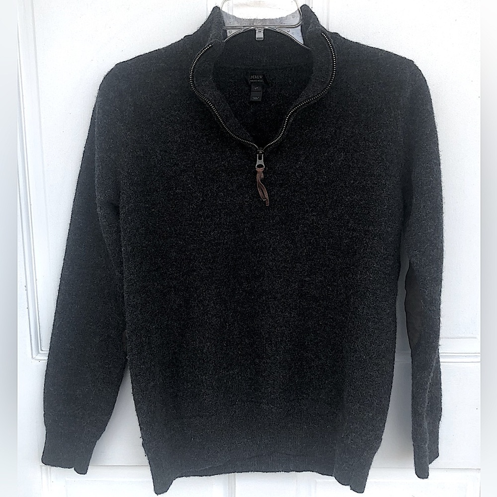 J. Crew Merino Wool Quarter Zip Pullover 100% Leather Elbow Patches